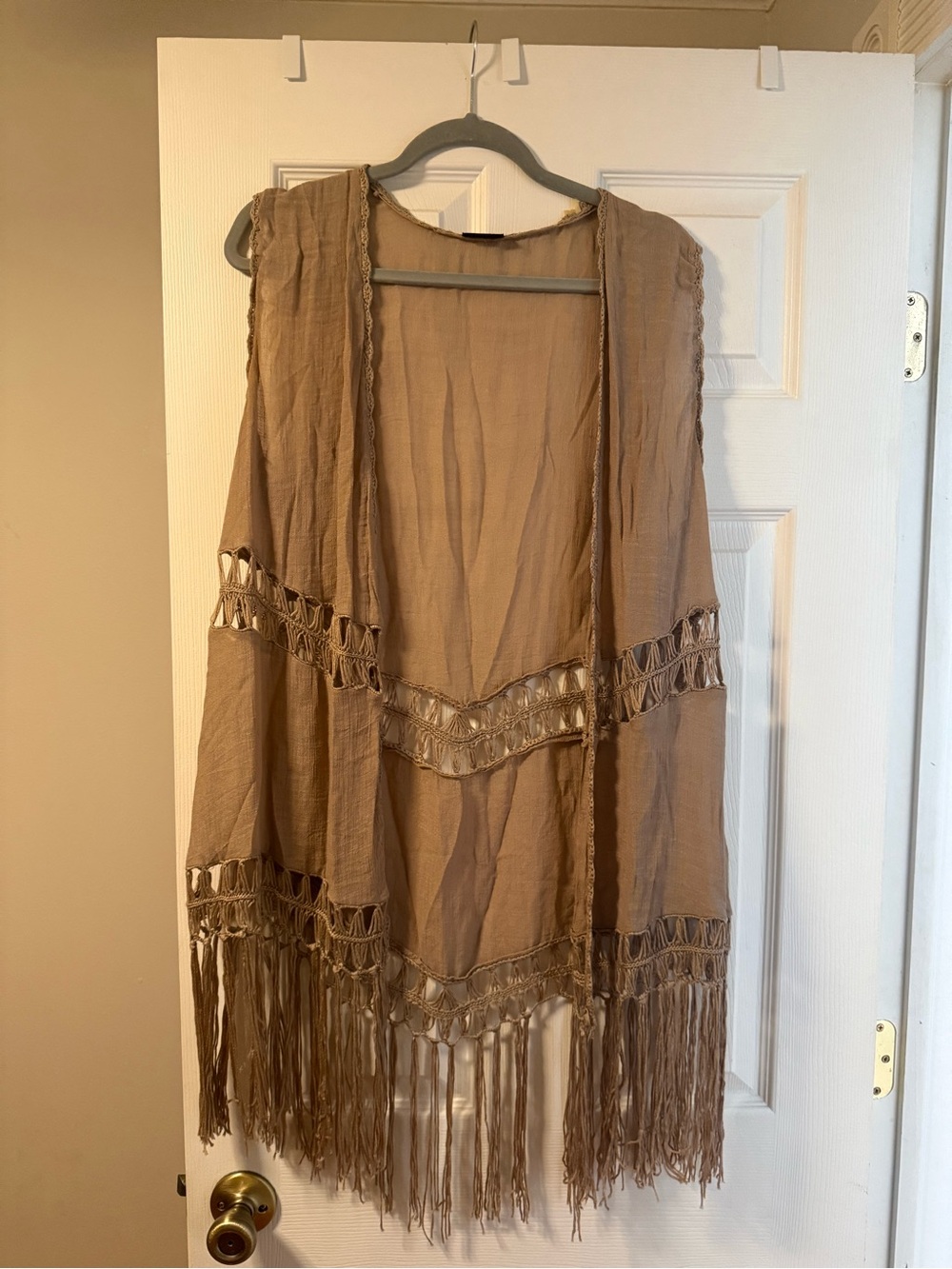 Rue21 Taupe Fringe Vest with Macramé Trim